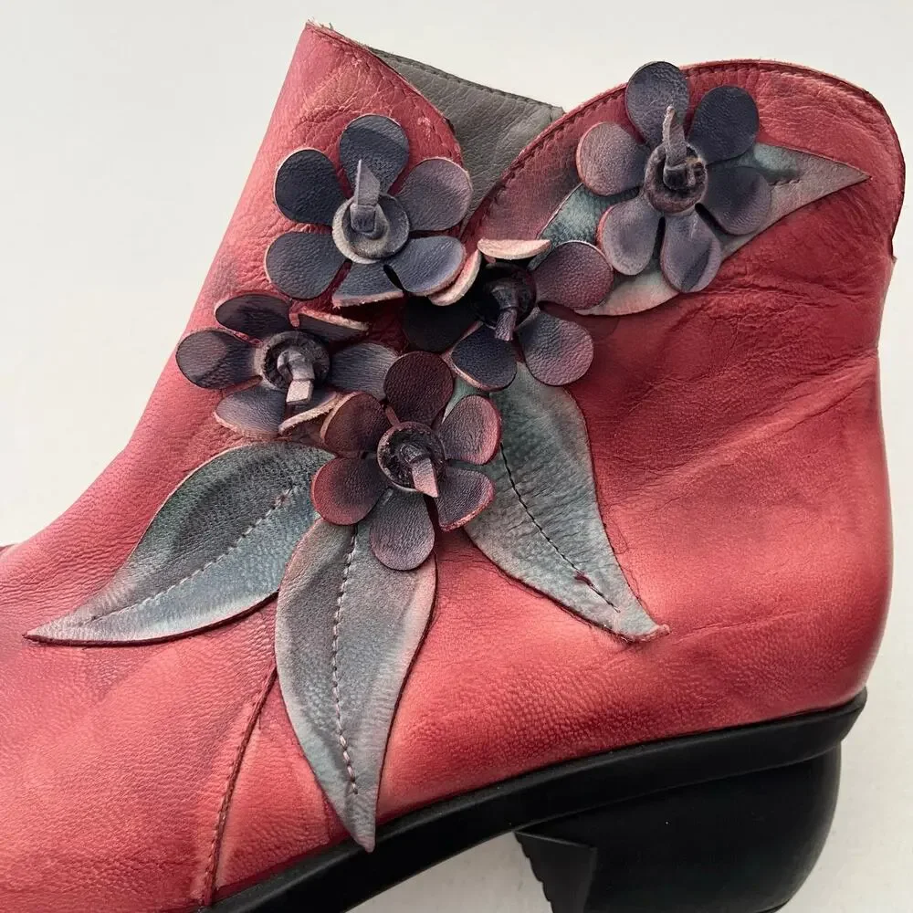 Socofy Rose Handmade Leather Ankle Boots 3D Floral Applique Artsy Size 40/9-9.5